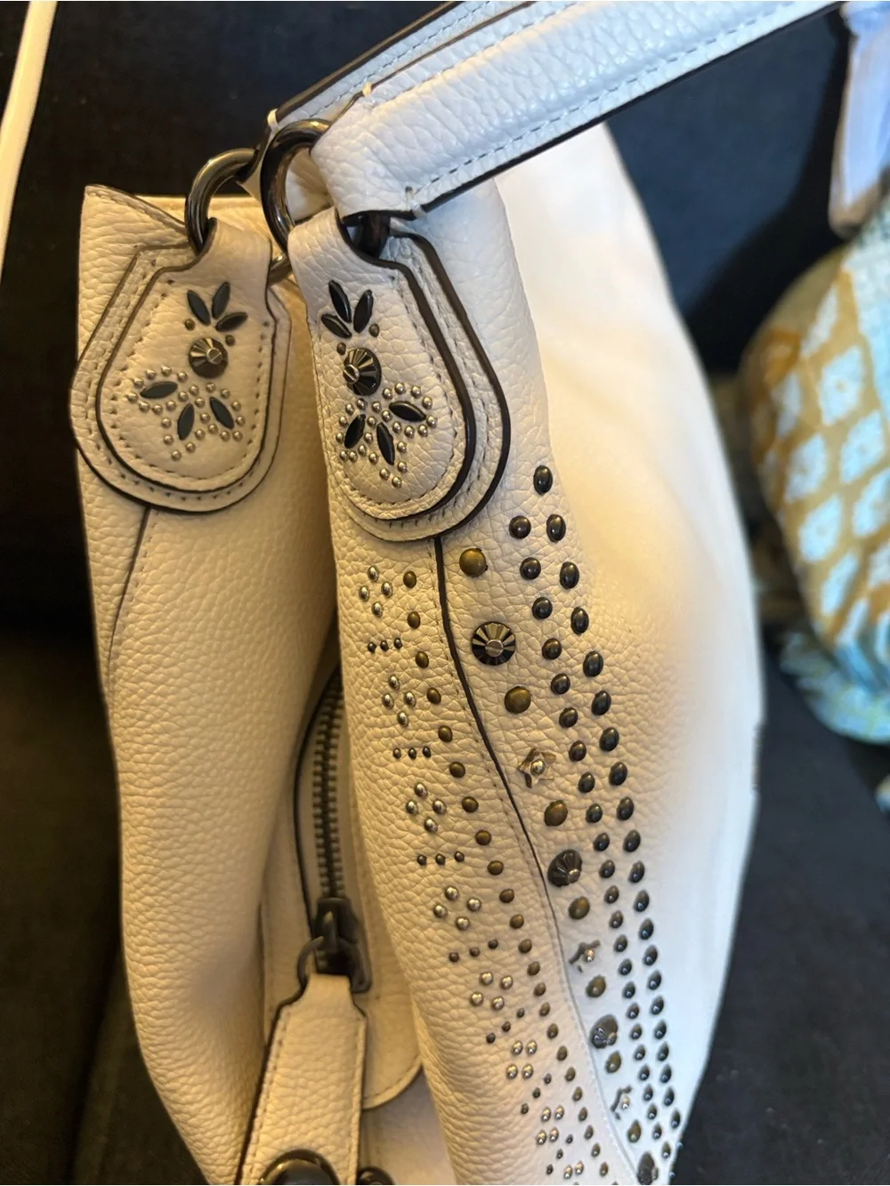 Coach Cream Pebbled Leather Shoulder Bag with Gunmetal Studs